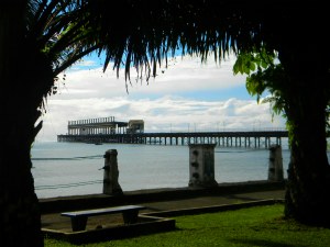 View of ocean, pier, and park